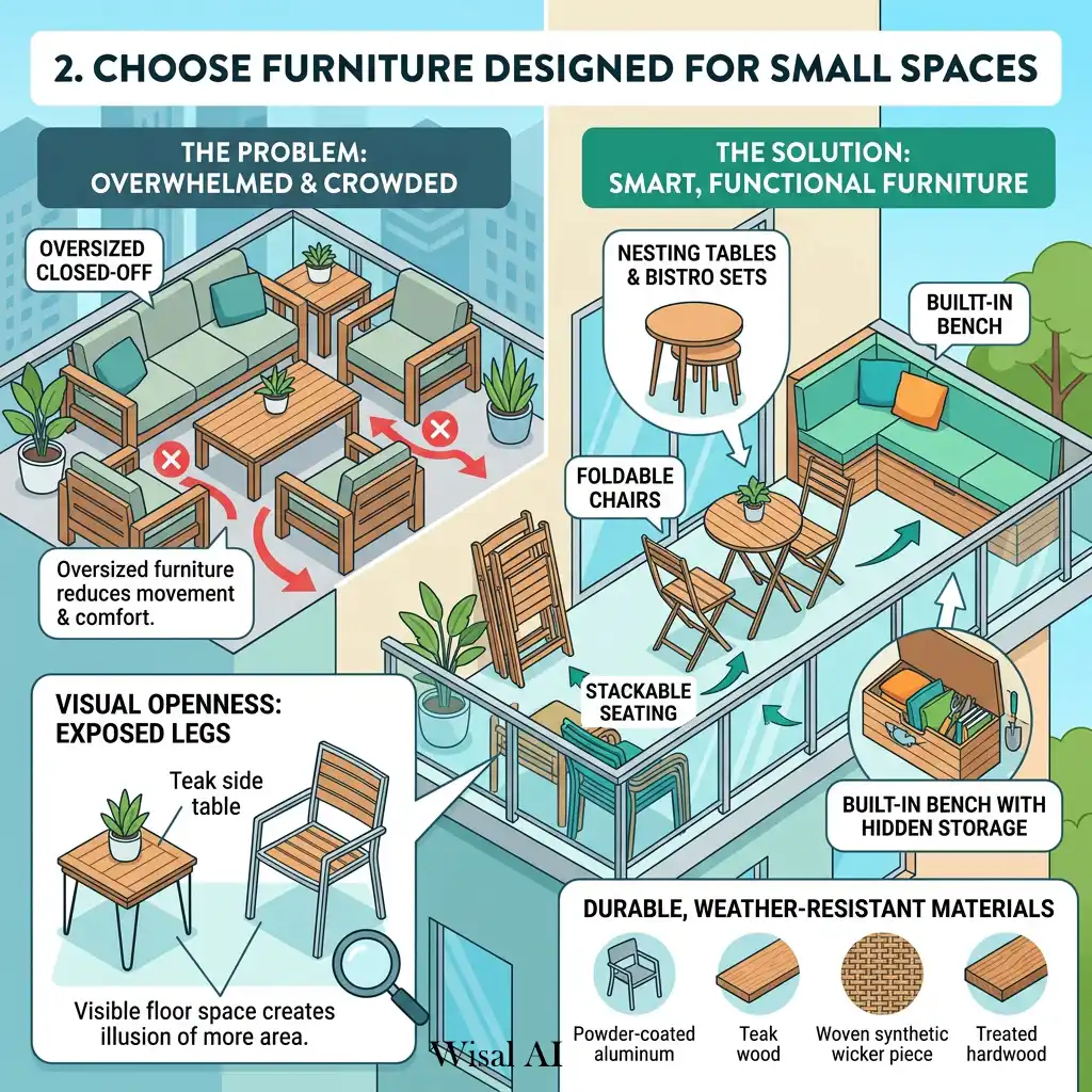 Modern balcony featuring space-saving furniture perfect for small outdoor living areas.