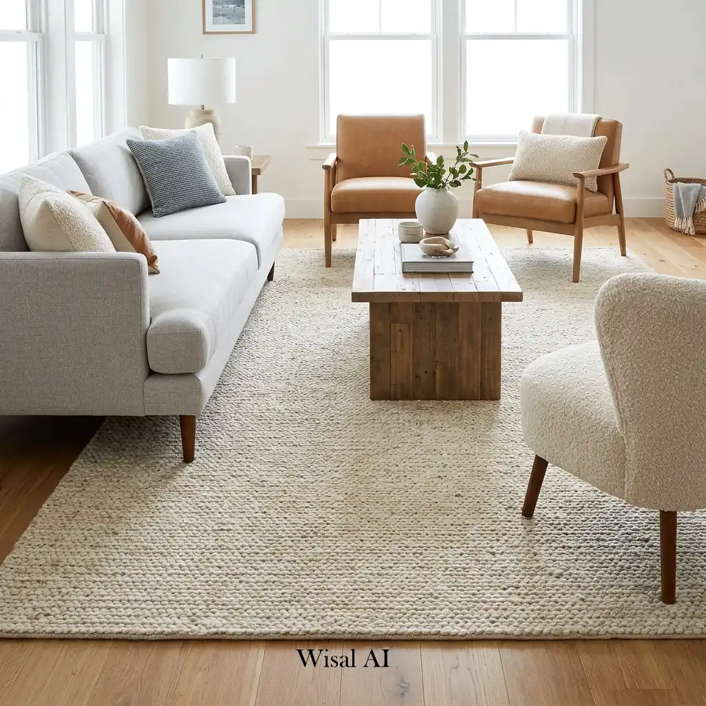 Oversized wool area rug anchoring a luxury living room seating arrangement.