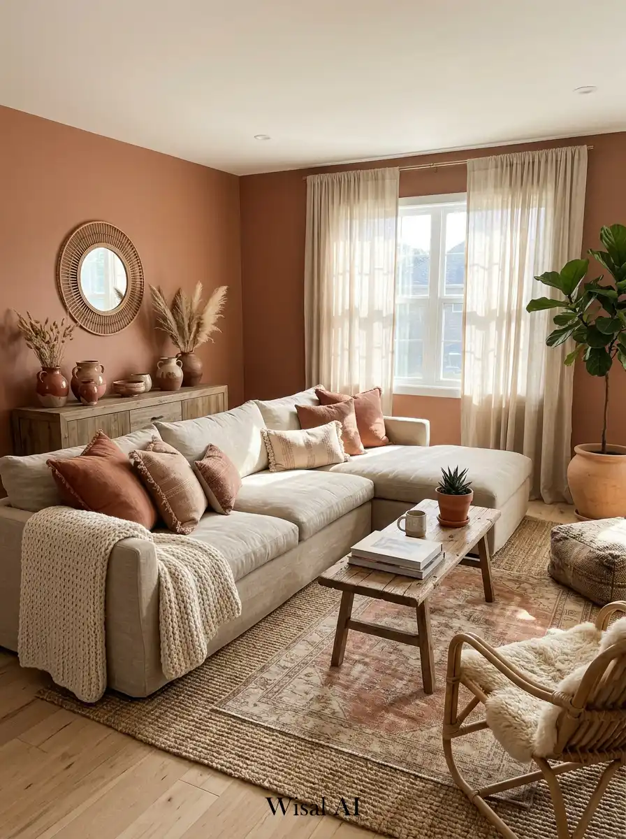 2. Clay and Linen Boho Living Room Concept