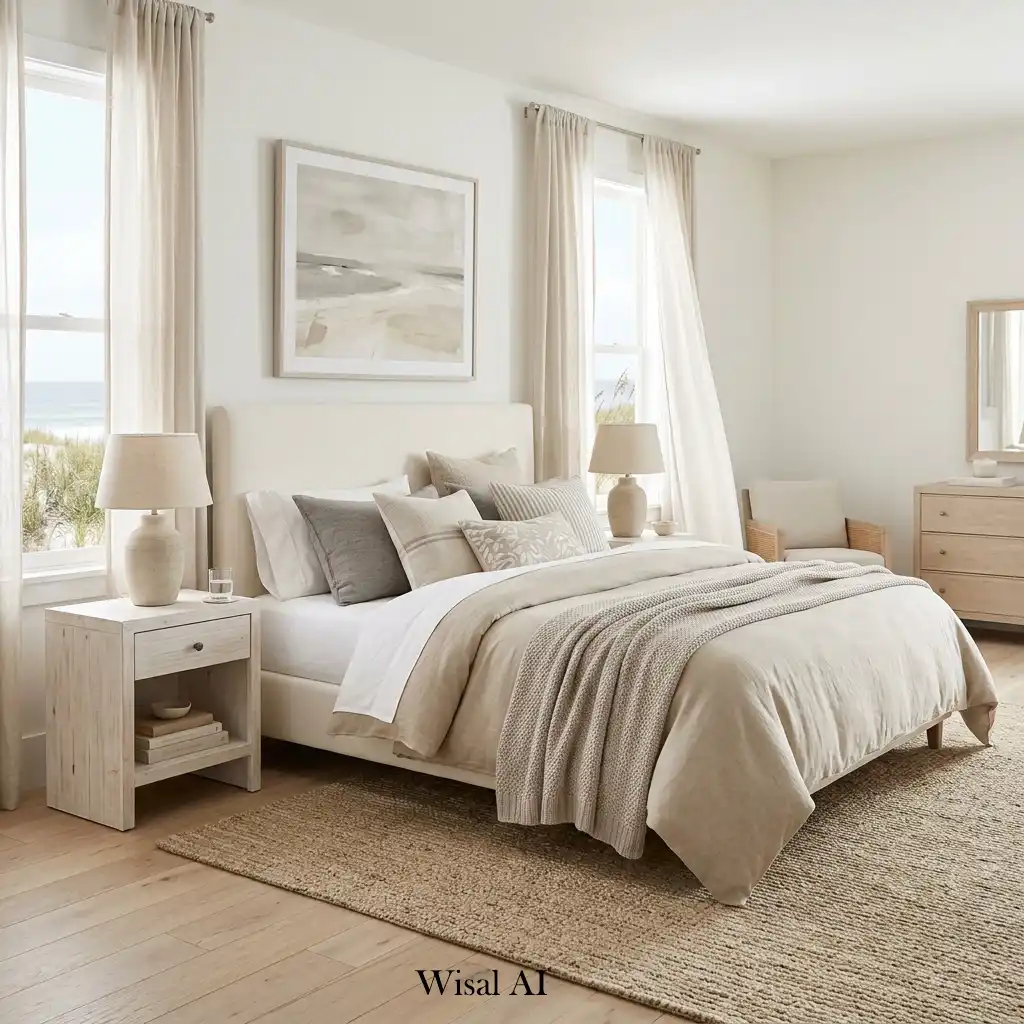 Coastal bedroom featuring a sand-inspired color palette and natural textures.