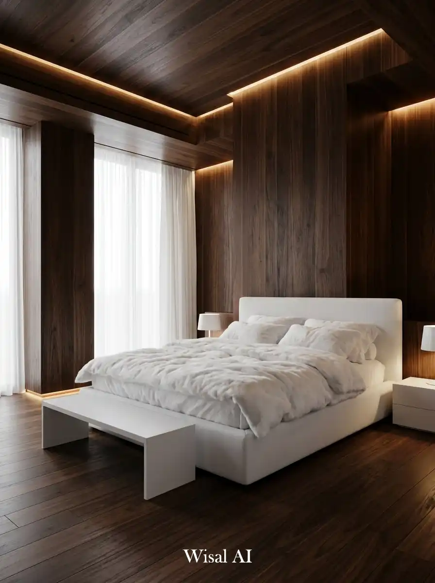 22. Dark Walnut Room with White Cloud Bedding Concept