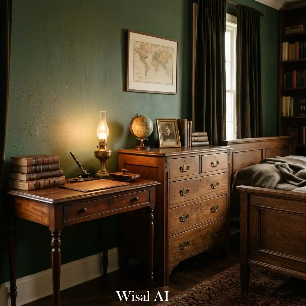 Cozy dark academia bedroom featuring dark wood bed and warm ambient lighting