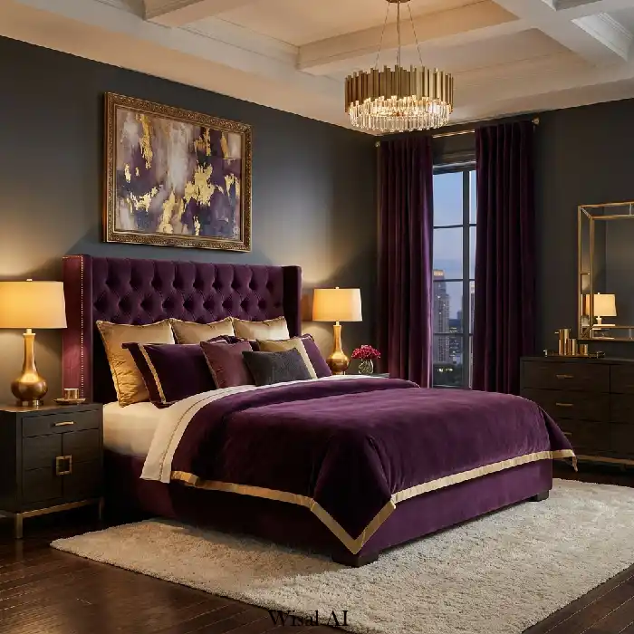 Luxury dark purple velvet bedroom with gold accents and elegant lighting