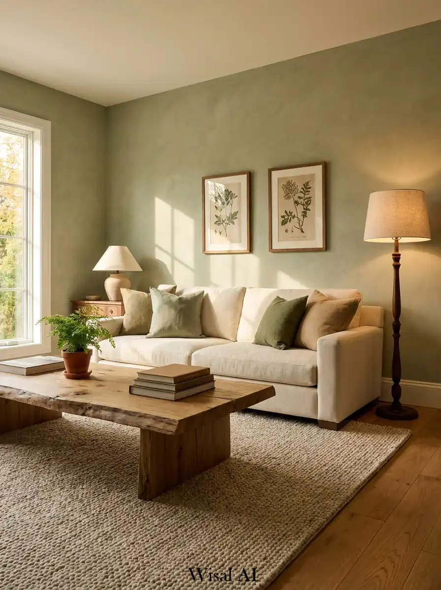 12. Earthy Minimalism in a Sage Green Living Space