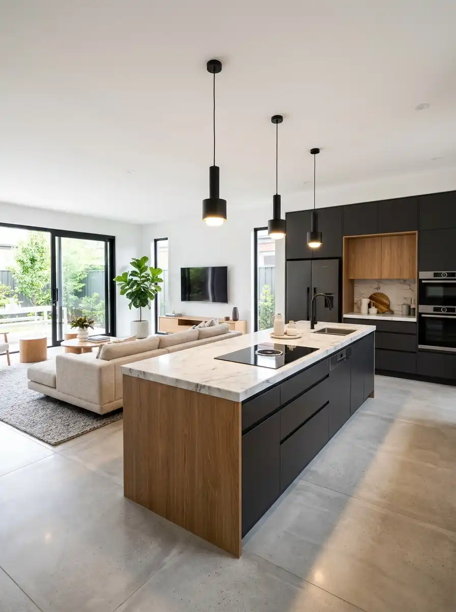 2. Island-Centered Modern Open-Plan Kitchen and Living Room Idea