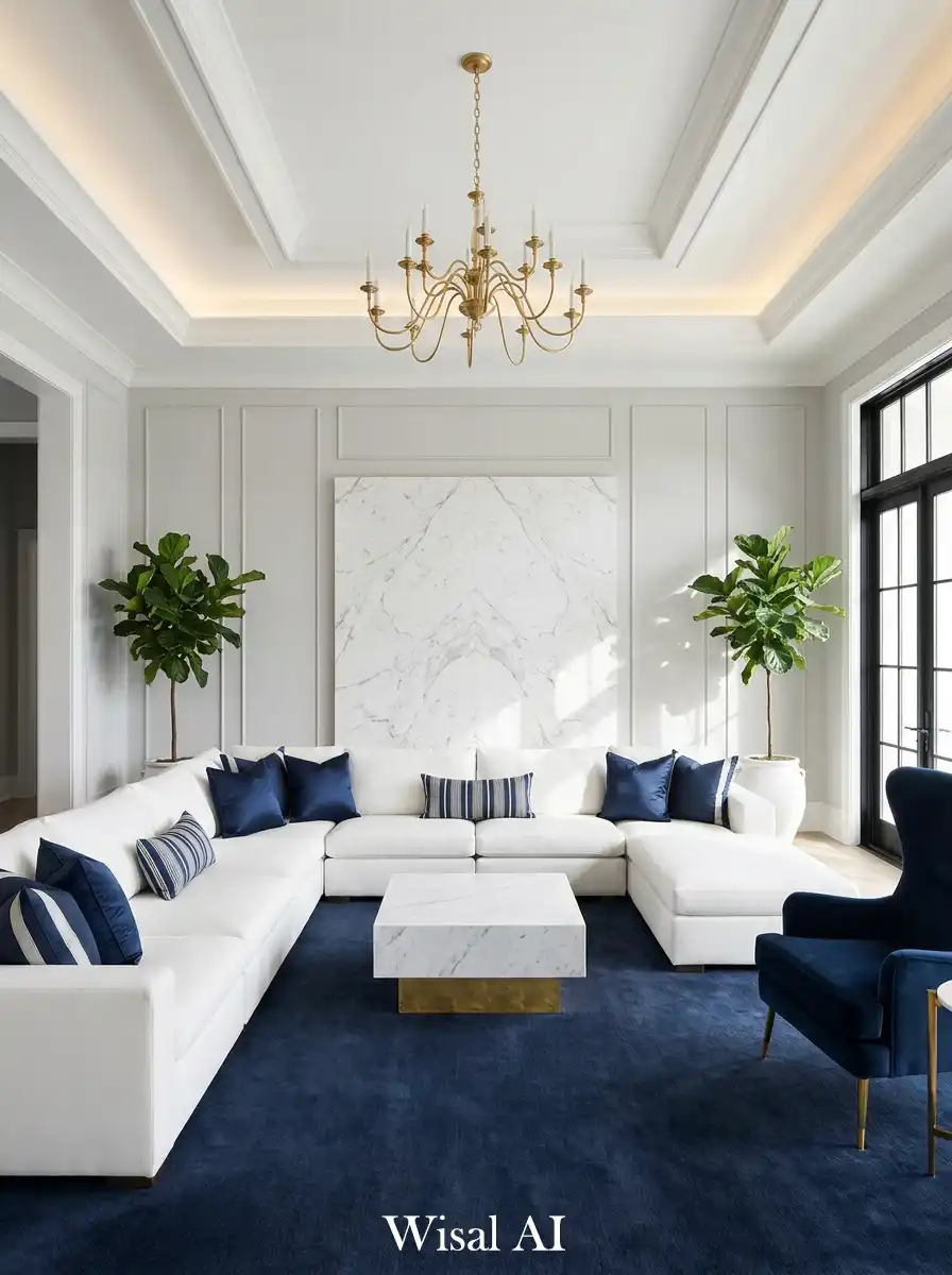 12. Marble & Midnight: Sophisticated Navy Blue and White Living Room