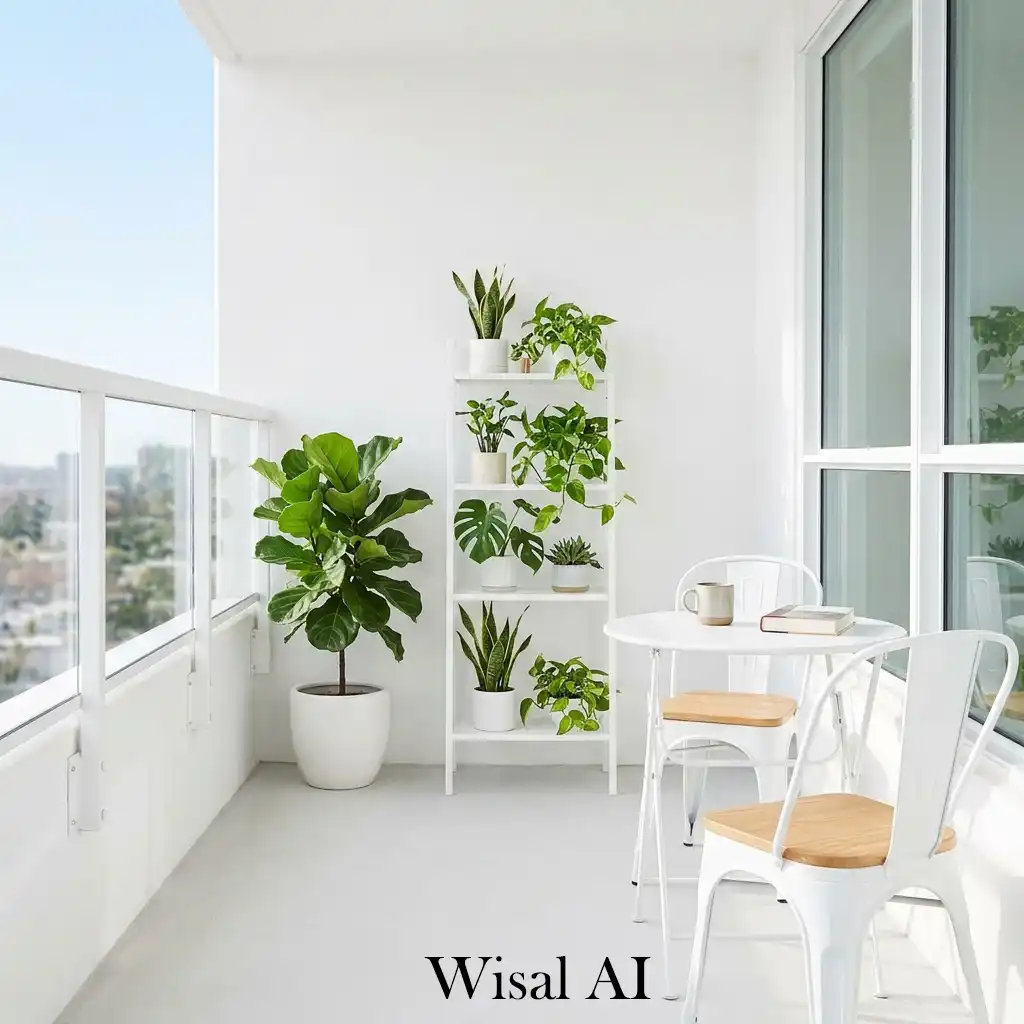 Minimal white balcony with fresh green plant accents