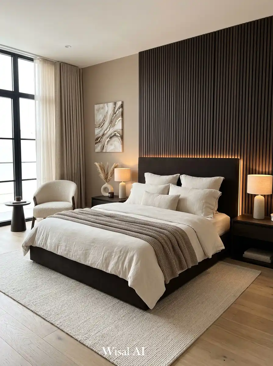 27. Modern Cream & Espresso Contrast Bedroom