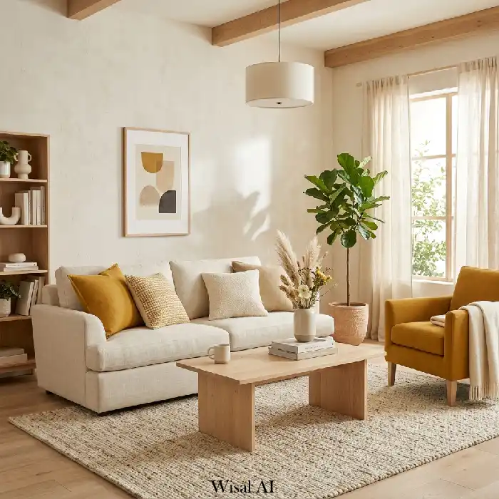 Cozy mustard yellow and cream living room with organic textures and natural light