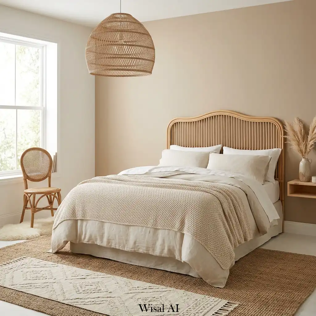Natural boho bedroom with rattan furniture and warm cozy atmosphere
