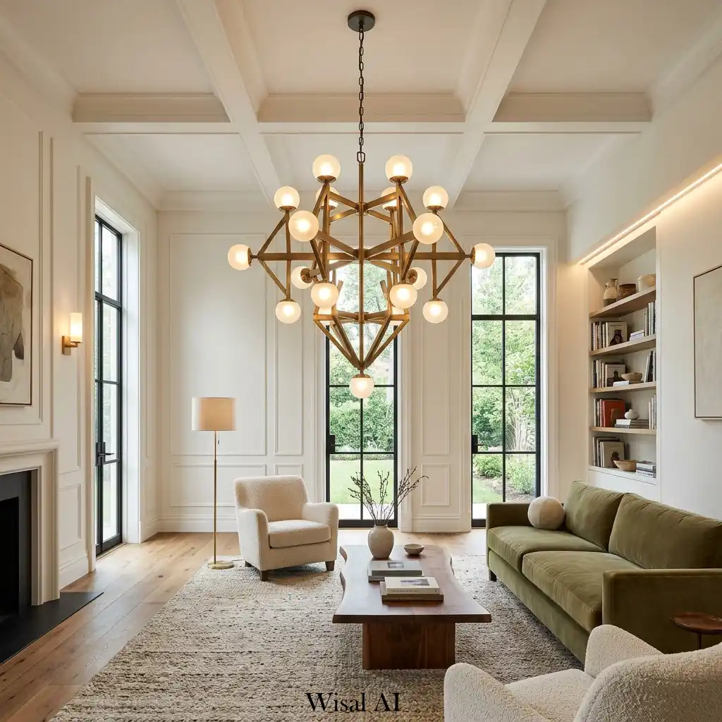 Contemporary living room featuring an oversized statement chandelier above the seating area.