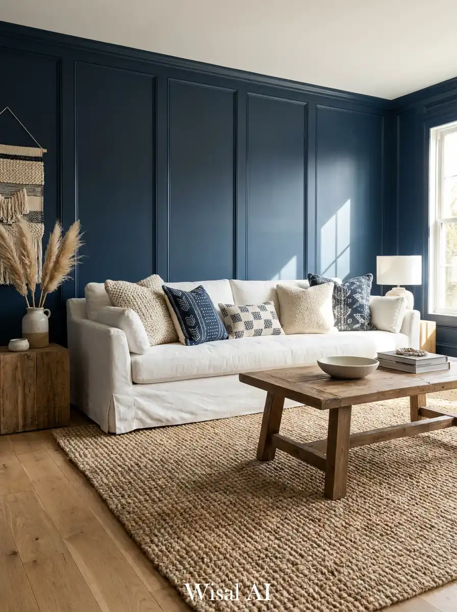 2. Textural Depth in Navy Blue and White Living Room