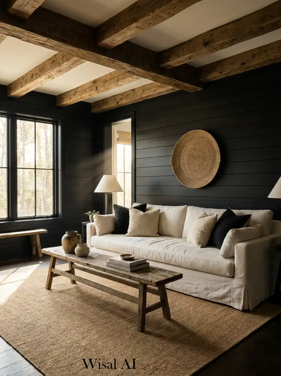 Timber Tones & Midnight Planks: A Black and Wood Living Room Idea