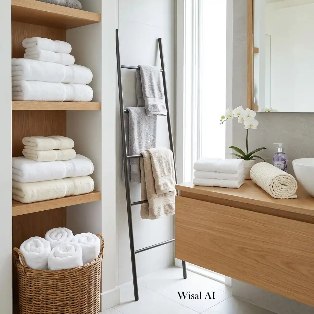 Luxury bathroom styled with plush white hotel-quality towels neatly displayed on open shelves beside a modern vanity.