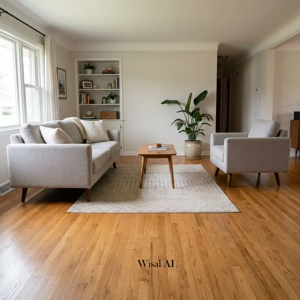 Living room with an area rug too small for the seating arrangement.