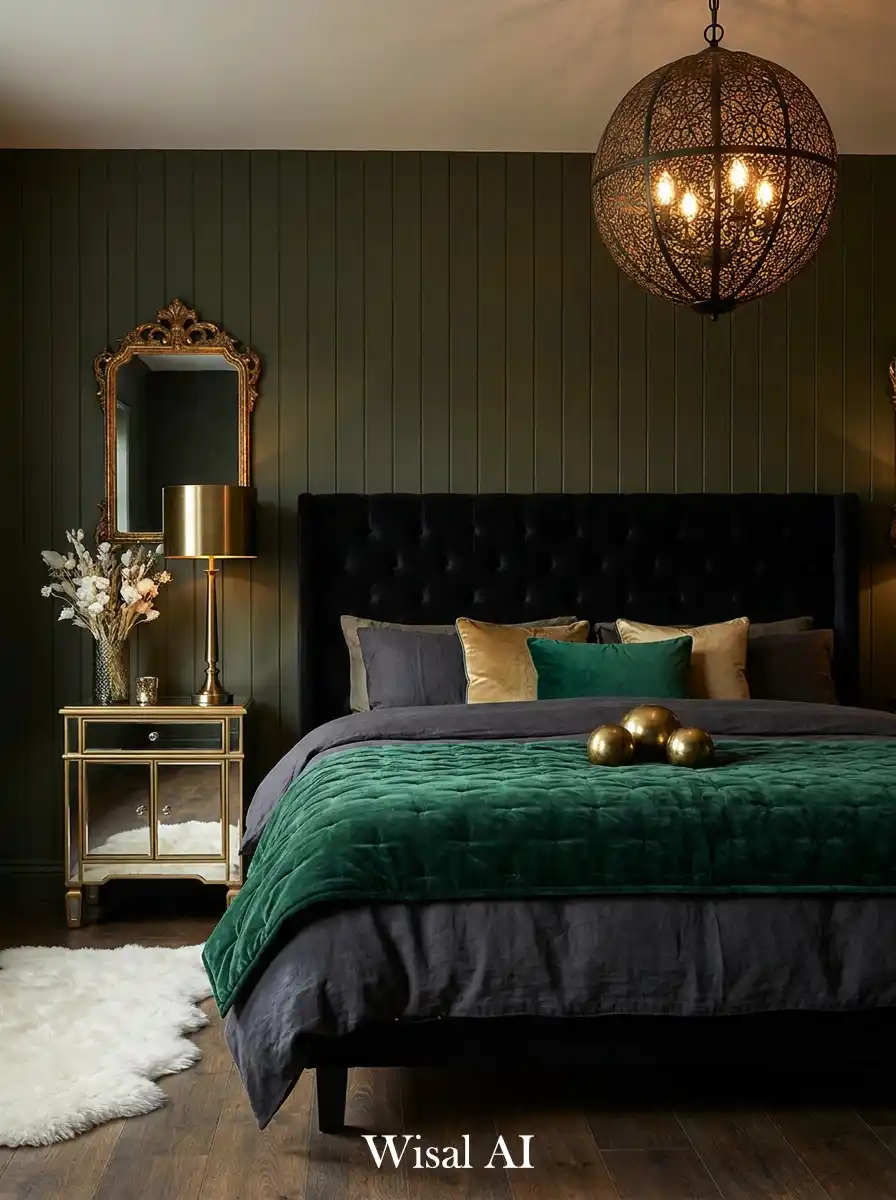 2. Velvet Elegance: The Modern Dark Olive Bedroom Idea