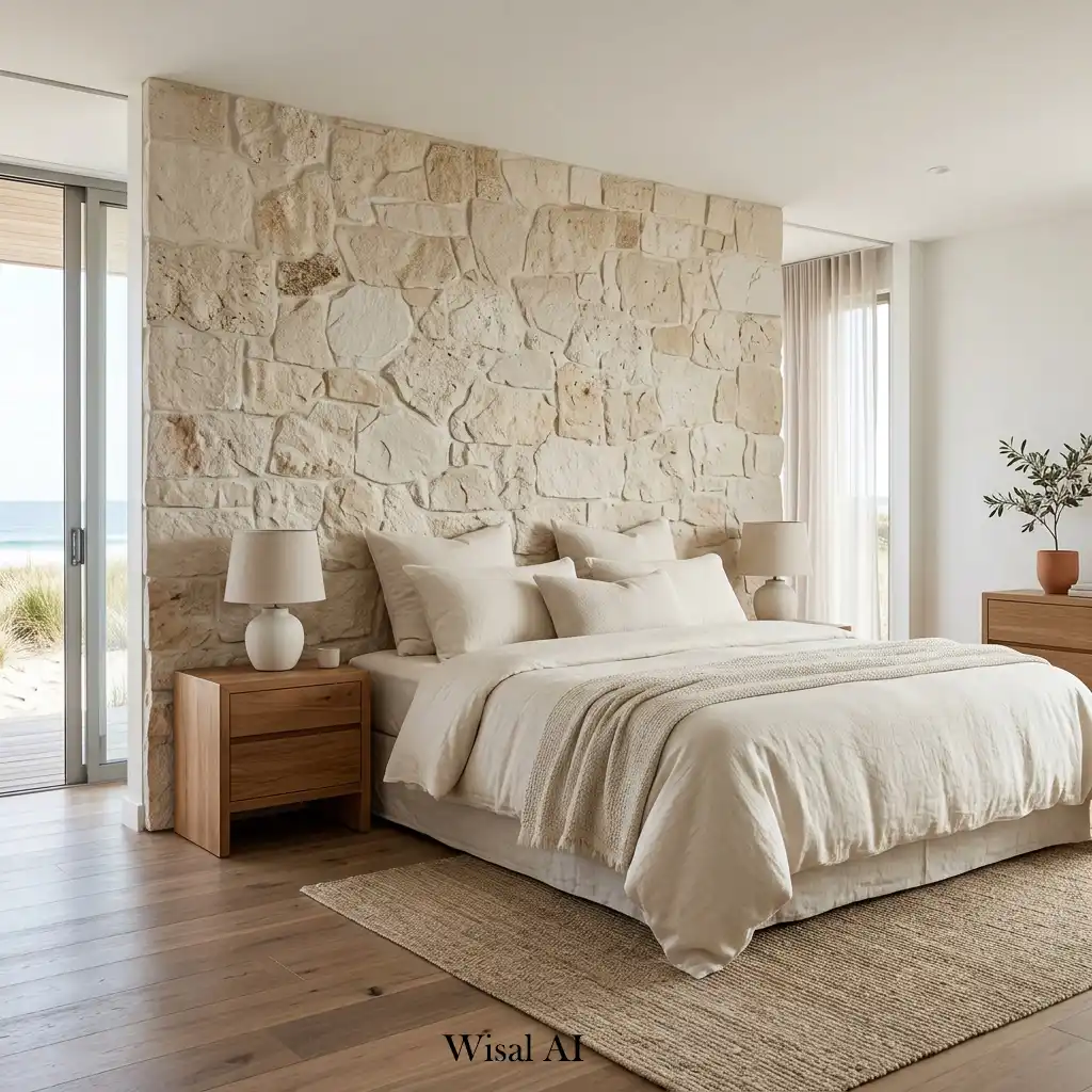 Coastal bedroom with a stone accent wall and soft neutral palette.
