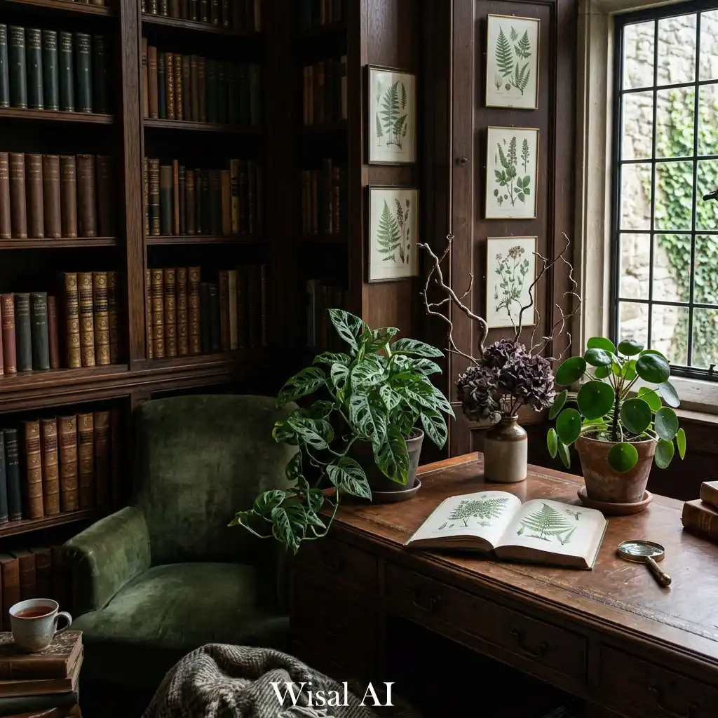 Nature-inspired dark academia bedroom with botanical decor and dark tones