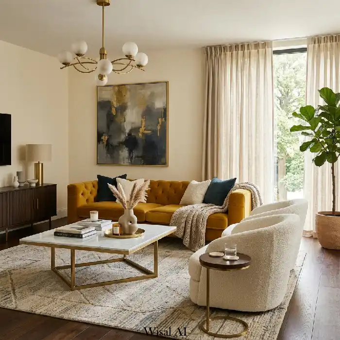 Warm luxury living room with mustard yellow seating, marble surfaces, and brass accents