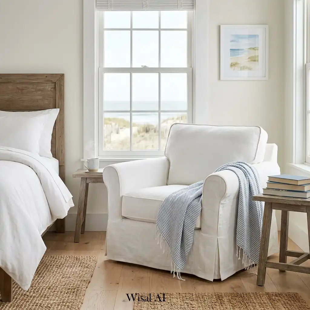 Beach house bedroom featuring relaxed slipcovered seating.