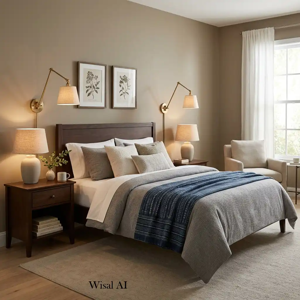 Guest bedroom with layered bedside lighting and warm ambiance.