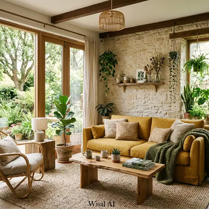 Organic nature inspired living room with mustard yellow sofa, plants, and wooden textures