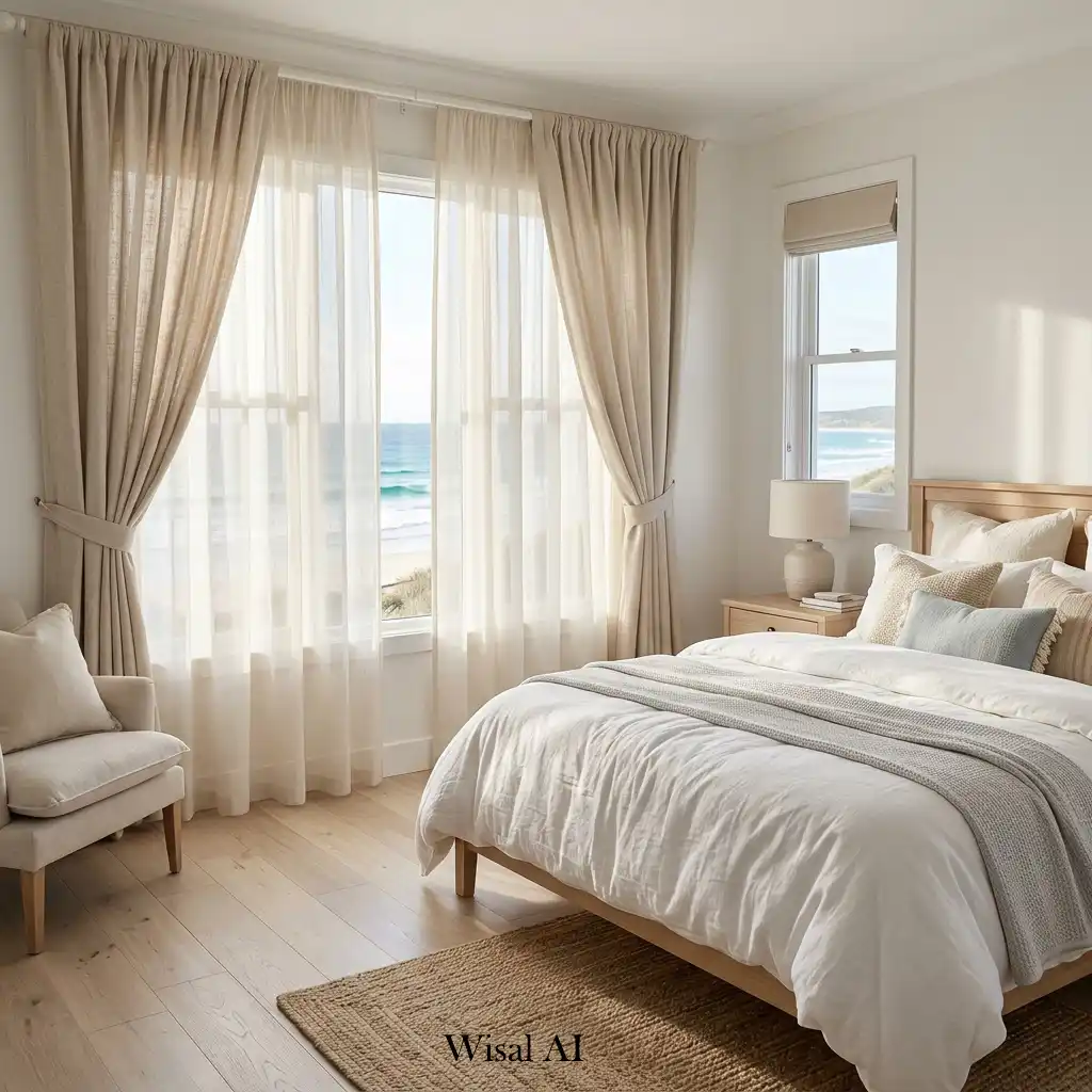 Coastal bedroom with layered window treatments and filtered sunlight.