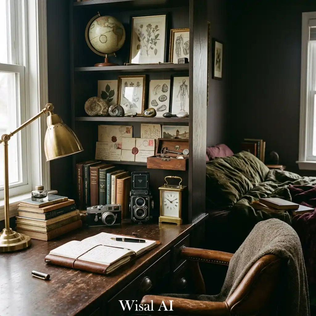Elegant dark academia bedroom combining classic charm and timeless sophistication