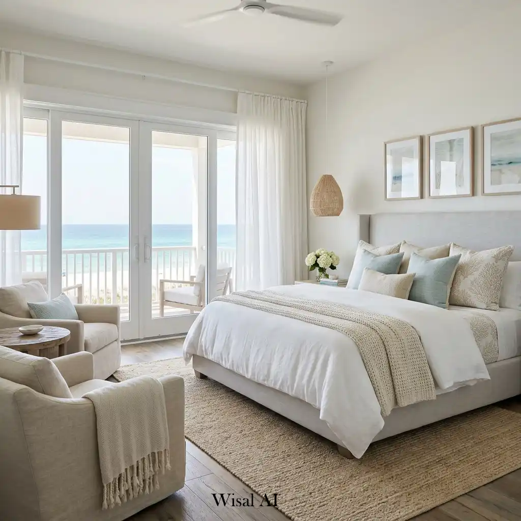 Resort-inspired coastal bedroom with luxurious layered textures.