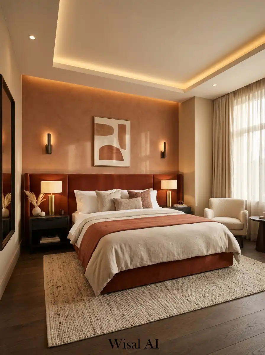 24. Terracotta Bedroom Idea with Warm Hotel Luxury Style