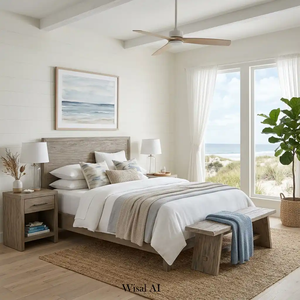 Beach house bedroom featuring warm driftwood tones and natural materials.