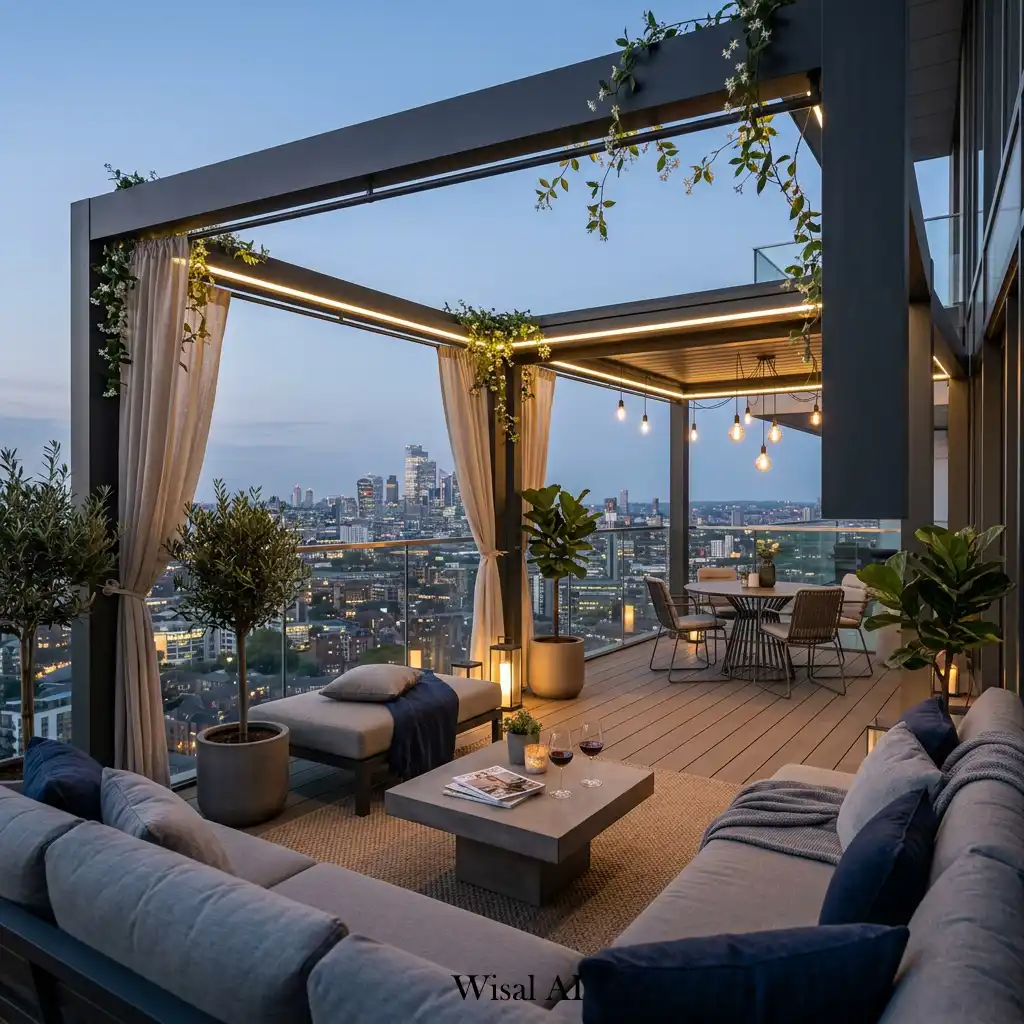 Contemporary balcony with a modern pergola structure and skyline views