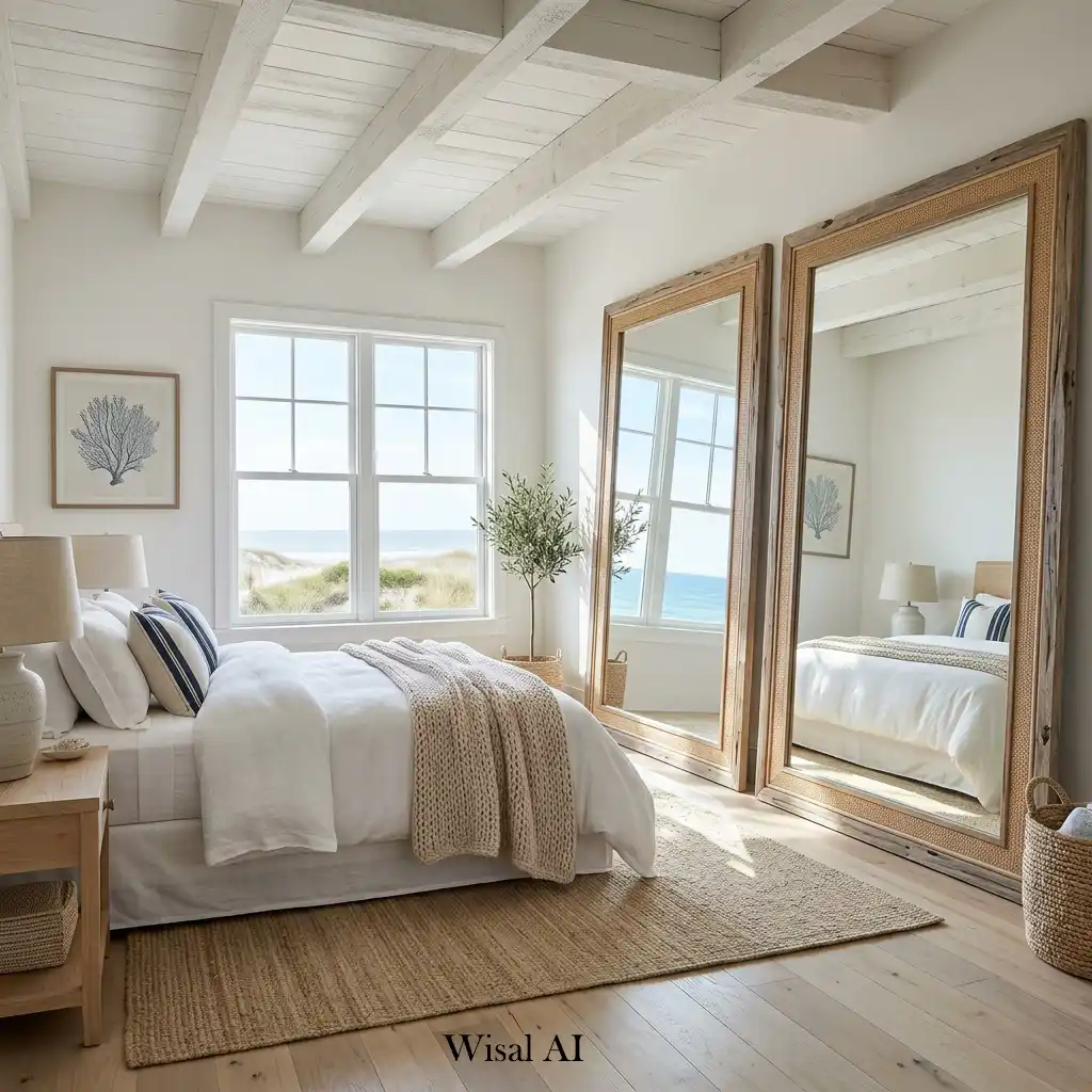 Coastal bedroom with oversized mirrors reflecting natural light.