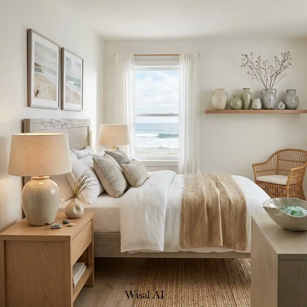 Beach house bedroom decorated with handmade ceramic accessories.