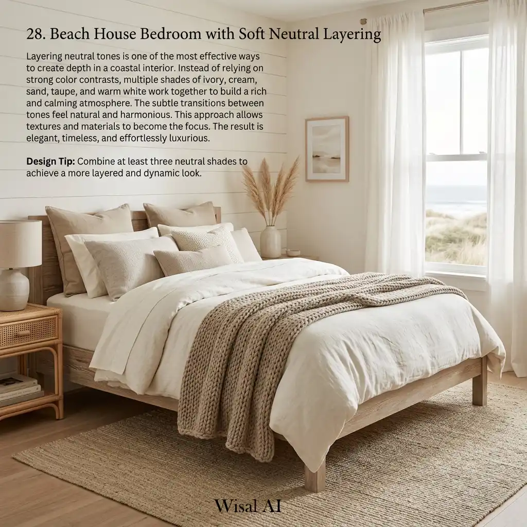 Coastal bedroom with layered neutral tones and soft textures.