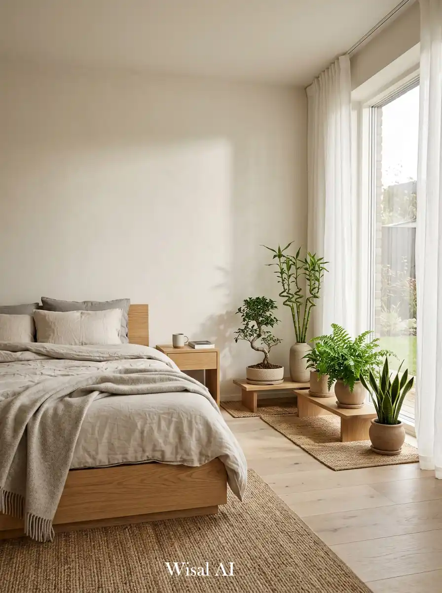 28. Japandi Bedroom with Indoor Zen Green Corner