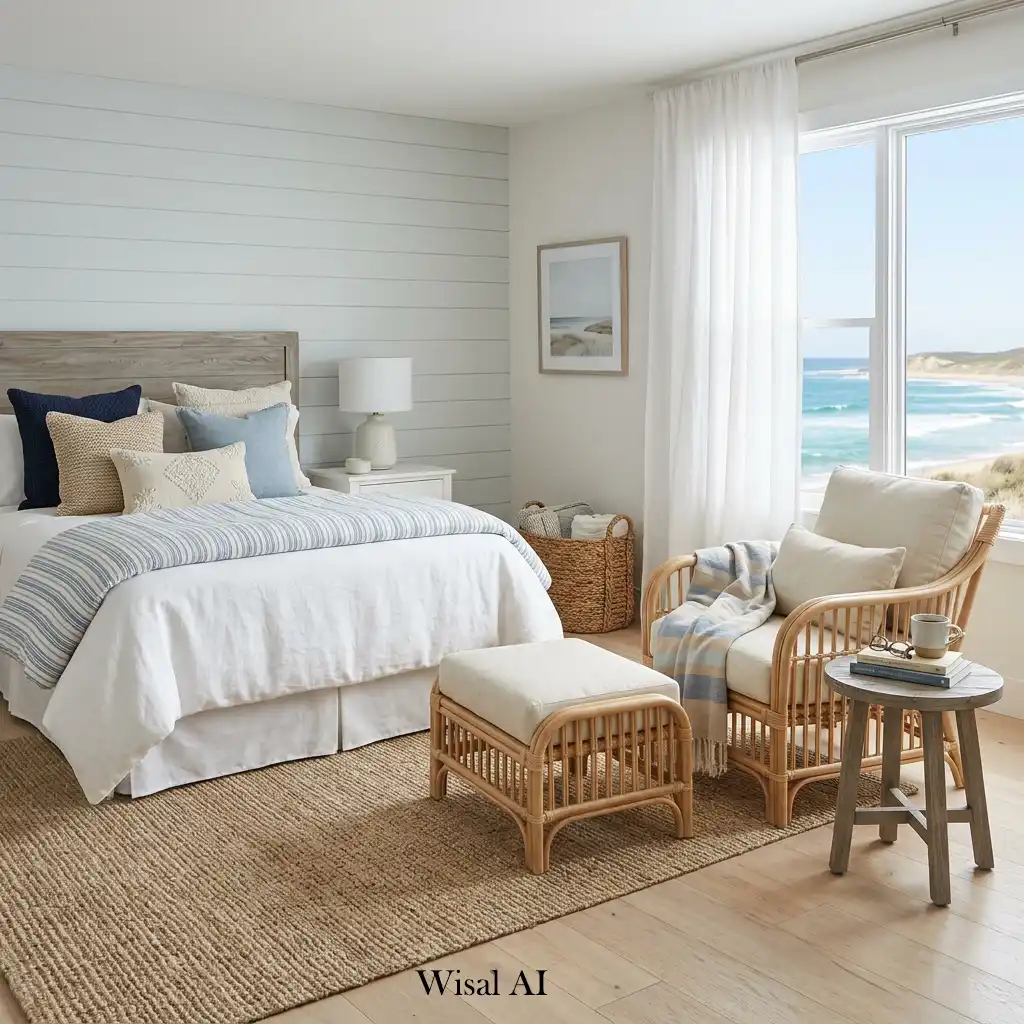 Beach house bedroom featuring a cozy lounge area for relaxation.