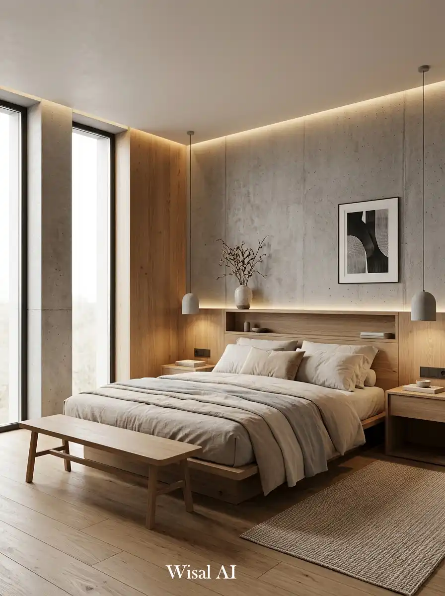 29. Japandi Bedroom with Concrete + Wood Contrast Design