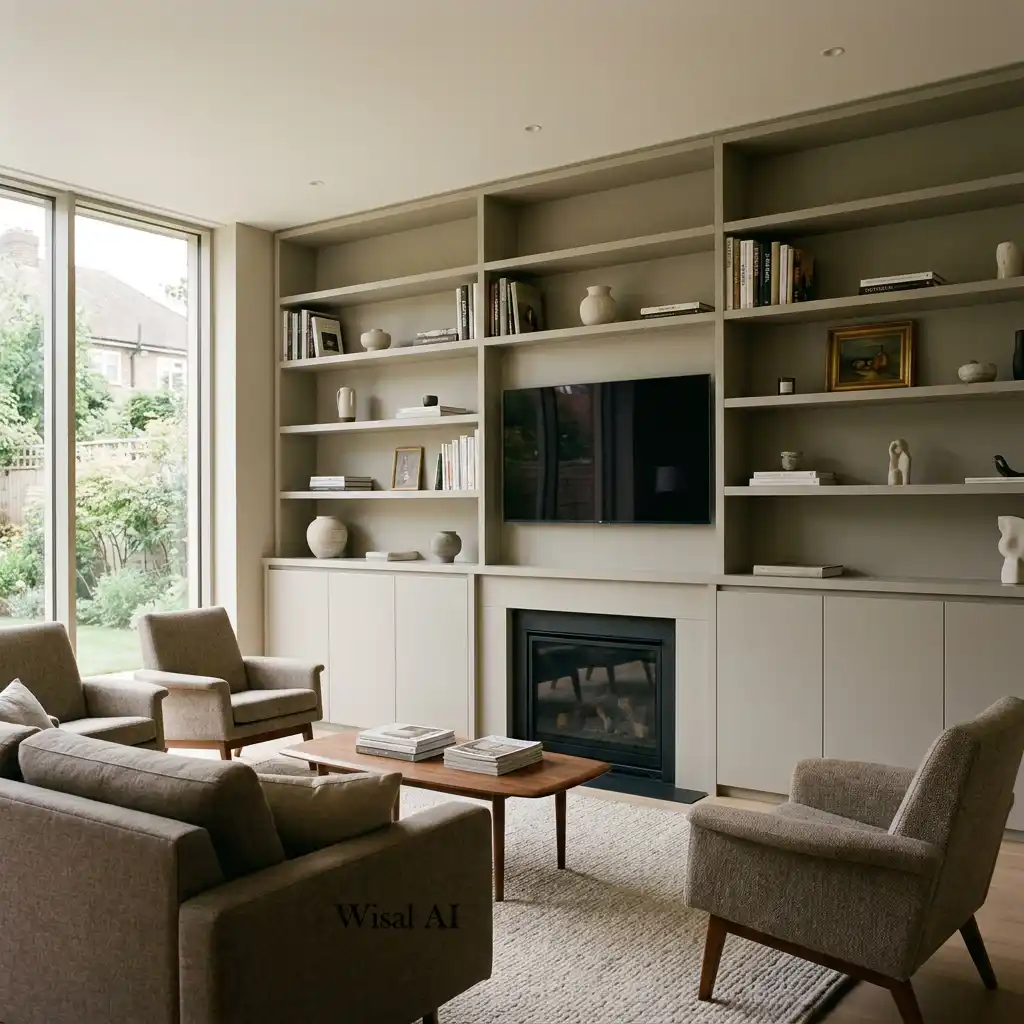 Custom built-in shelving with curated décor in a modern designer living room.