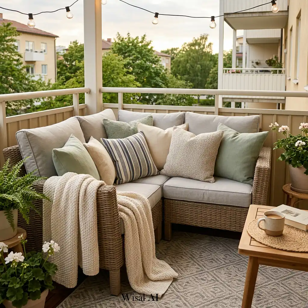 Comfortable balcony decorated with weather-resistant cushions, throws, and outdoor textiles.