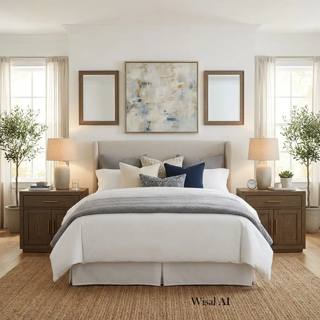 Elegant bedroom with symmetrical nightstands and matching bedside lamps creating visual harmony.