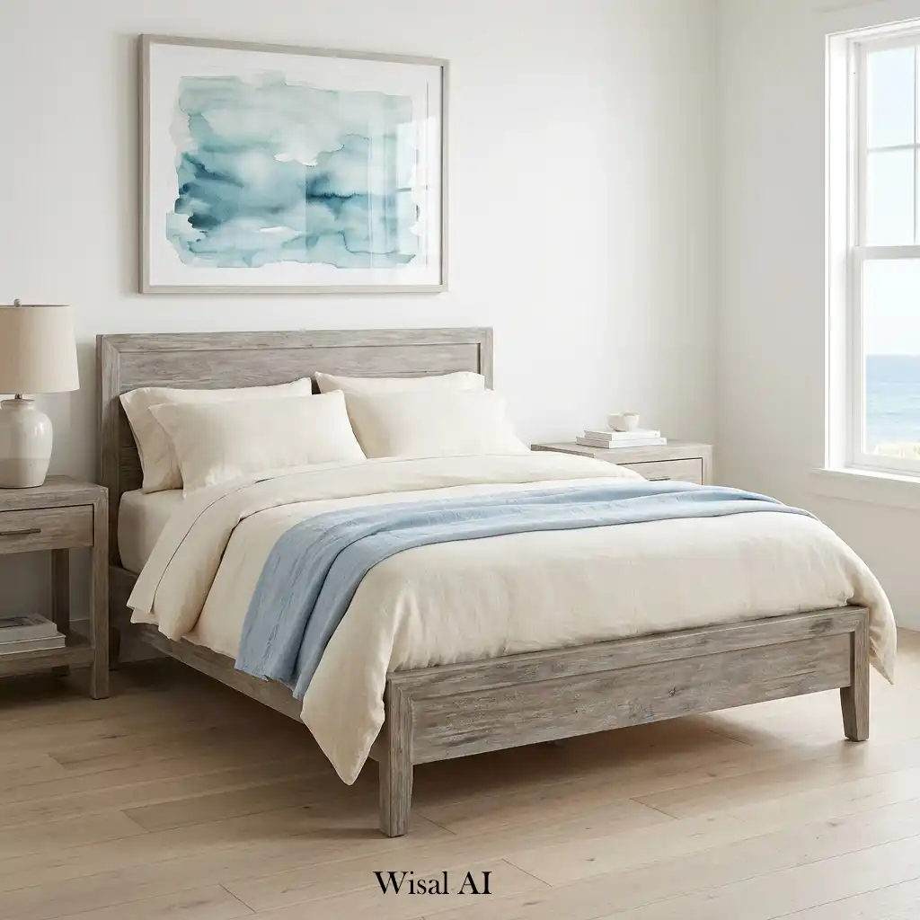 Beach house bedroom with weathered wood furniture and airy styling.