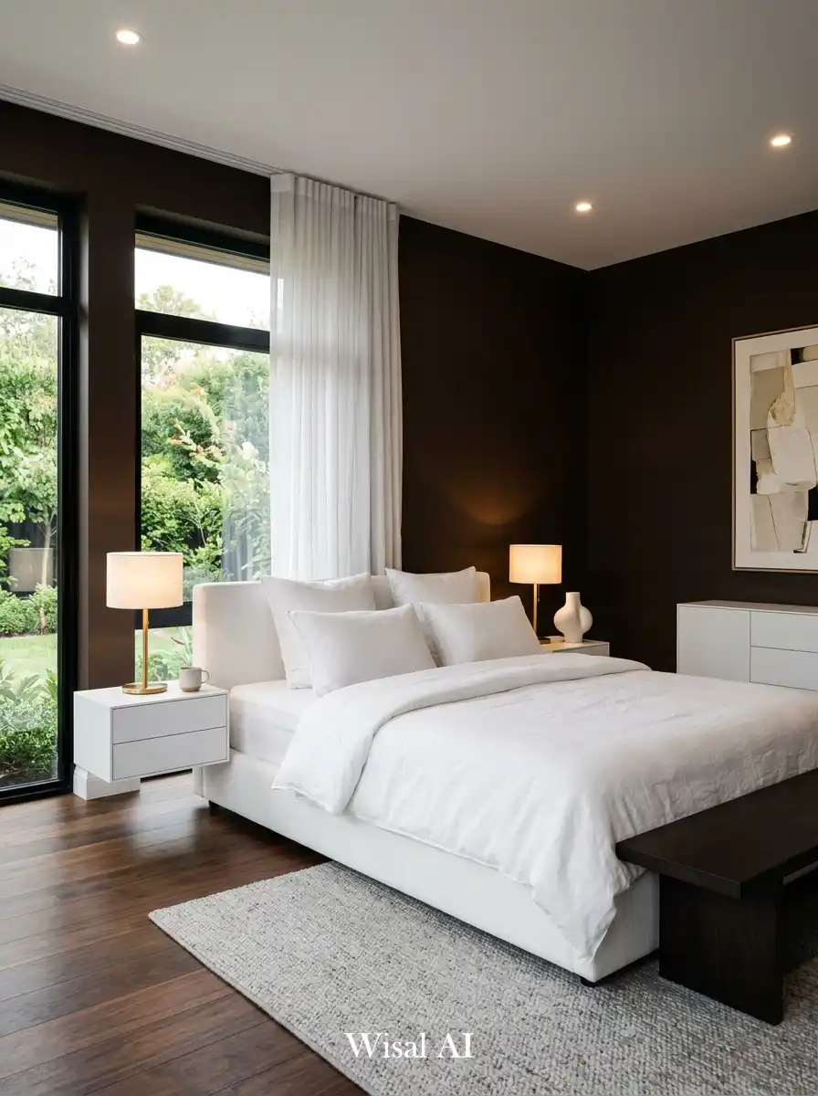 23. Chocolate Brown Room with White Minimal Furniture Suite