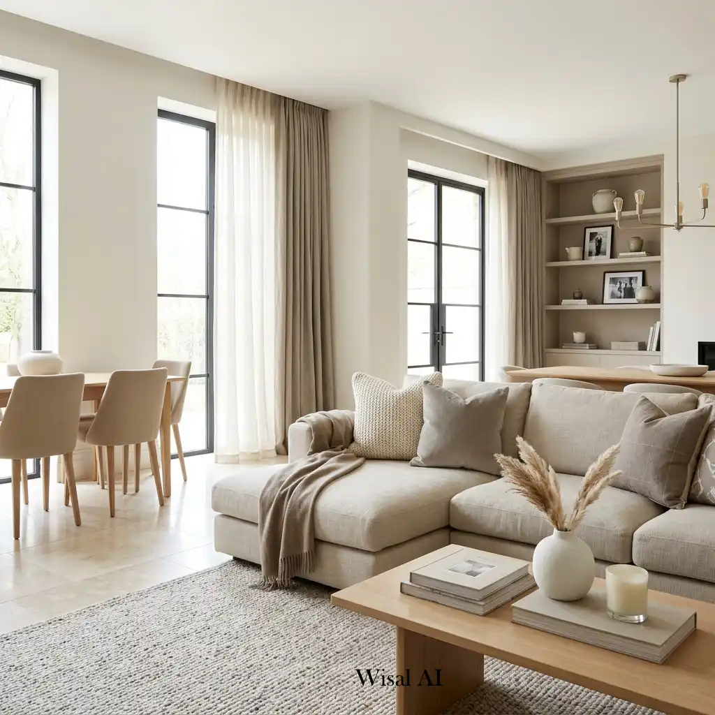 Neutral living room with warm beige walls and elegant designer furnishings.