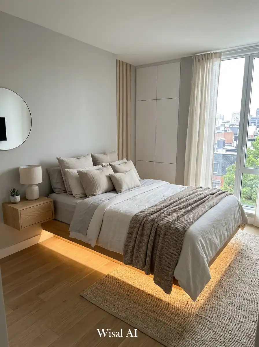 23. Cozy Modern Bedroom with Floating Bed Illusion