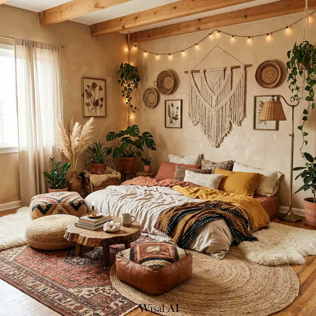 Earthy bohemian bedroom with floor seating and relaxed cozy design