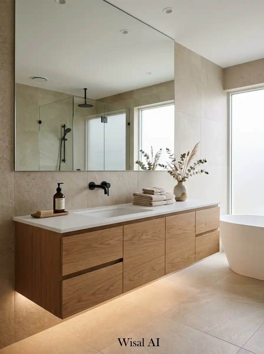 3. Japandi Bathroom with Floating Vanity and Hidden Storage