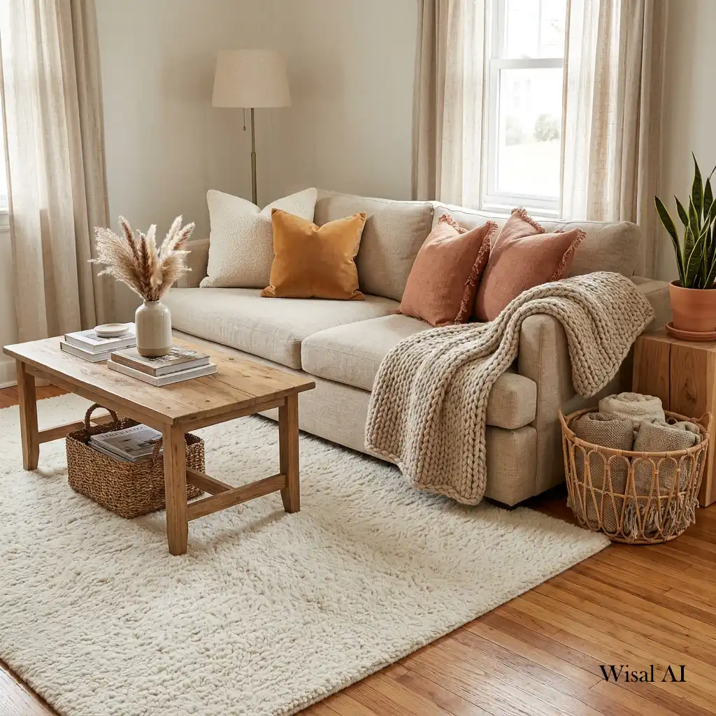 Cozy living room layered with textured cushions, throws, and soft natural fabrics.