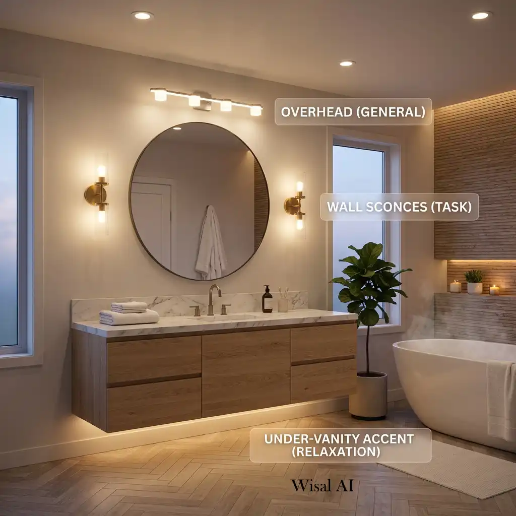 Elegant bathroom with layered lighting including wall sconces, vanity lights, and warm ambient illumination creating a relaxing atmosphere.
