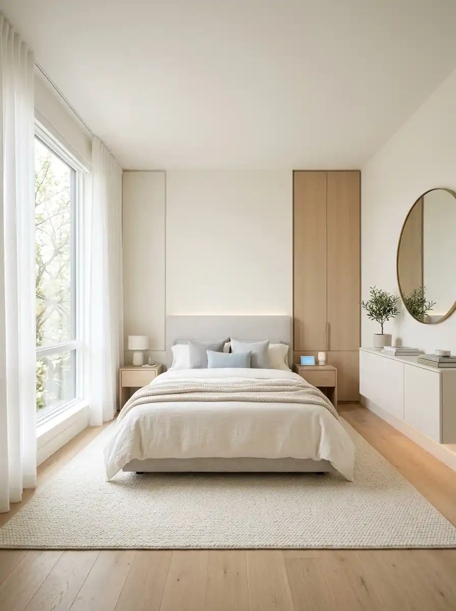 Bright bedroom with light colors creating spacious airy feel.